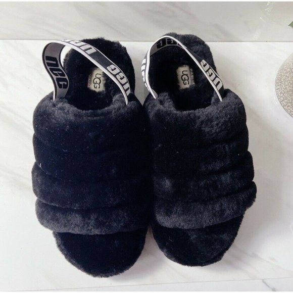 UGG Fluff Yeah Genuine Shearling Platform Slingback Sandal Slide Black US 6 - Picture 10 of 10